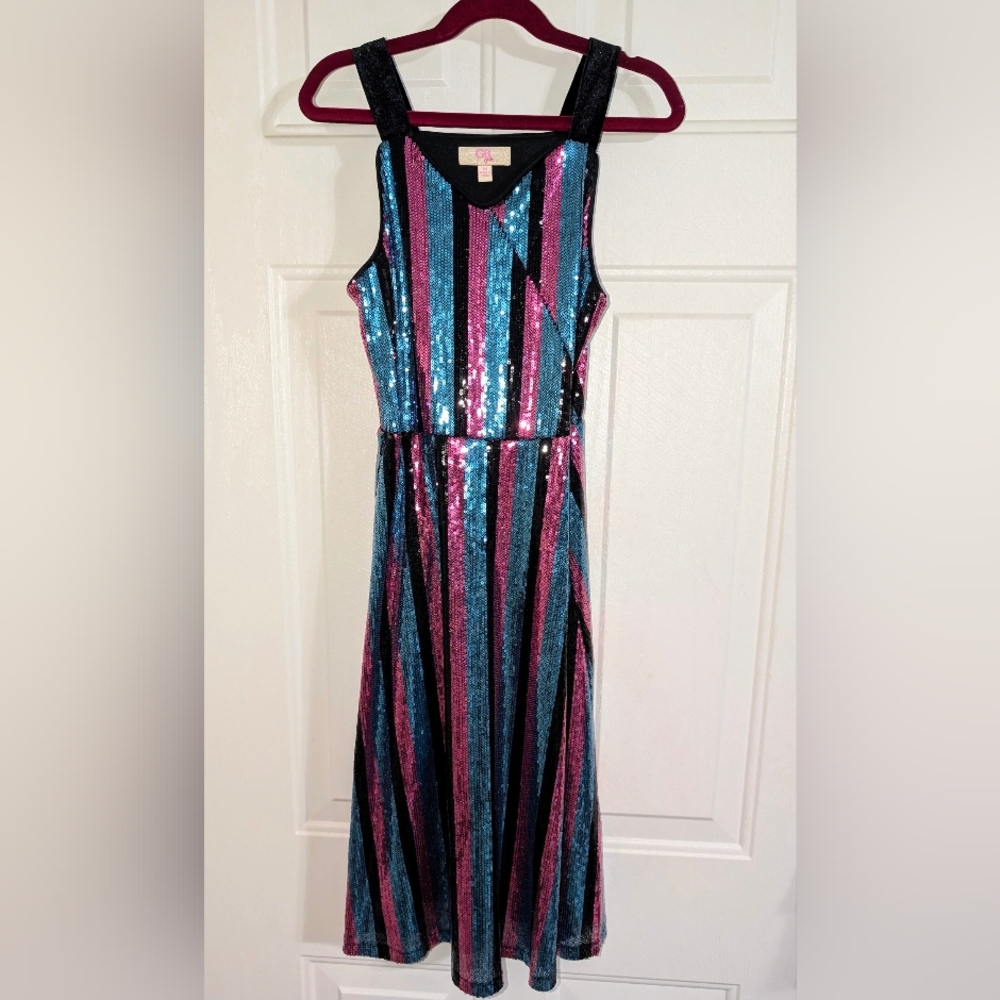 GB Girls Pink Blue & Black Sequin Maxi Dress - Sz M